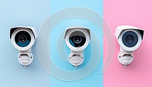 Modern white security cameras with holographic accents on pastel background for text placement