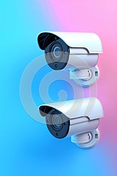 Modern white security cameras with holographic accents on pastel background for text placement