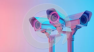 Modern white security cameras with holographic accents on pastel background for text placement
