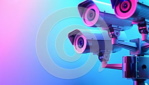 Modern white security cameras with holographic accents on pastel background for text placement