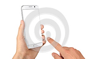 Modern white smart phone in man hand. Isolated white screen for mockup.