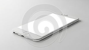 Modern white smartphone device displaying blank screen on a light gray surface
