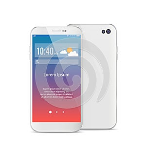 Modern white smartphone isolated. Front and back of Vector smartphone illustration. Cell phone mockup back view