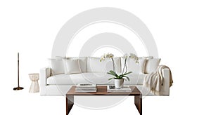 Modern white sofa with coffee table and floor lamp mockup for interior design white background white background