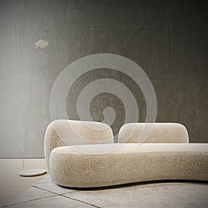 Modern white sofa with empty concrete wall background. Contemporary interior design.
