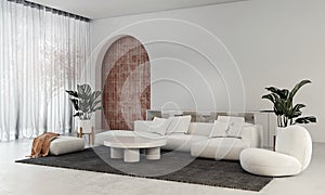 Modern white sofa and living and dining room and red brick wall texture background interior design, 3D rendering.