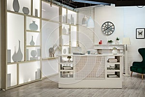 Modern white studio. with a light stand in the middle, with a special light on the back wall.