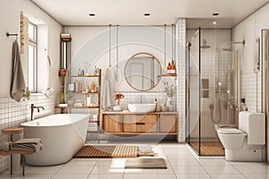 Modern white tile well stocked bathroom glass shower porcelain bathtub