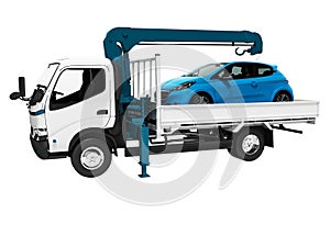 Modern white tow truck with blue crane with loaded car in trailer 3d render on white background no shadow