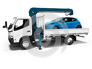 Modern white tow truck with blue crane with loaded car in trailer 3d render on white background with shadow