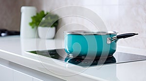 modern white and turquoise kitchen interior with pot on electric induction cook top. generative ai