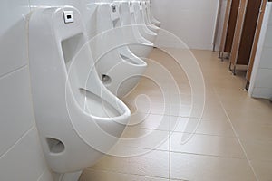 Modern white urinals in public toilet room.