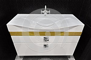 Modern White Vanity Basin Unit In Black Tiled Washroom