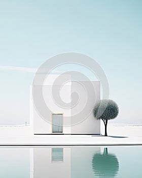 Modern white villa with a tree and water pool