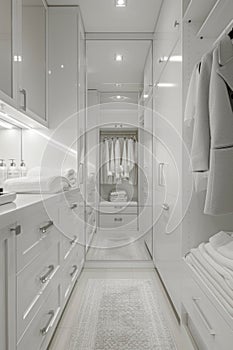 Modern white walk-in closet design with towels and bathrobes