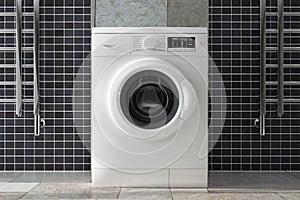Modern White Washing Machine in Bathroom Interior. 3d Rendering