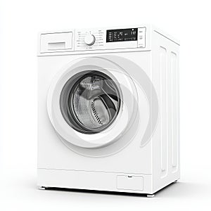 A modern white washing machine designed for laundry tasks