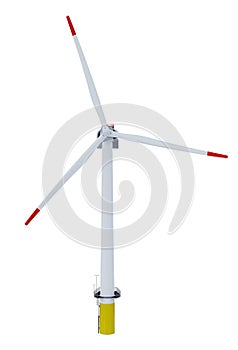 Modern white wind turbine with red tips on blades