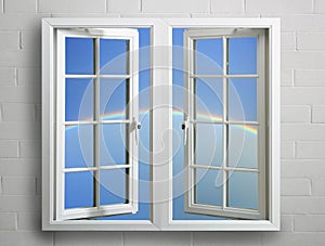 Modern white window frame with sky and rainbow