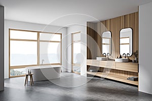 Modern white and wooden bathroom corner with tub and double sink