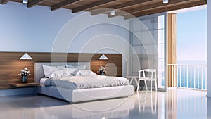 Modern white and wooden bedroom by the beach sea view - 3D rendering