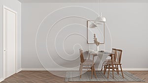 Modern white and wooden dining room with table set and vintage scandinavian chair, empty space with carpet, door, mirror and