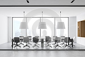 Modern white and wooden meeting room inteiror and office hall