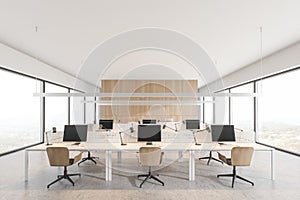 Modern white and wooden open space office interior