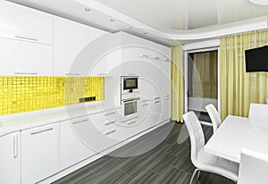 Modern white-yellow interior kitchen-dining room