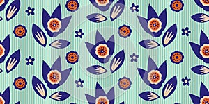 Modern wild flower graphic vector seamless border background. Banner with abstract groups of flowers leaves on striped