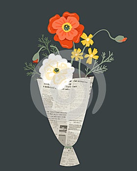 Modern wildflowers bouquet in newspaper on dark green background. Spring greeting card vector illustration