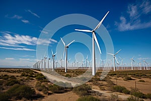 Modern wind farm with rows of towering wind turbines on a vast plain under blue sky