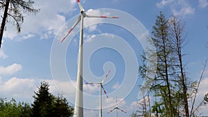 modern wind turbines in the forest with camera movement