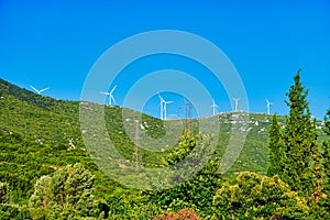 Modern Wind Turbines on Greek Mountain Ridge, Greece