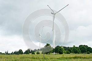 Modern wind turbines on Mont Soleil in the Swiss Jura mountains