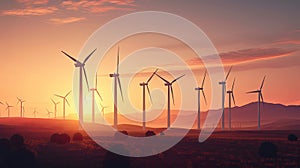 Modern Wind turbines and solar panels at sunset. Clean energy concept. Generative Ai