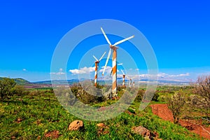 The modern windmills and Mount Hermon