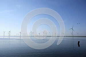 Modern windmills in the water near the shore along a green grassy dike