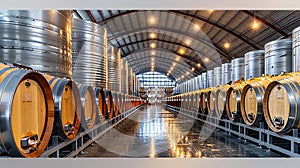 Modern winery engineers oversee steel tanks under led lights for innovative wine production