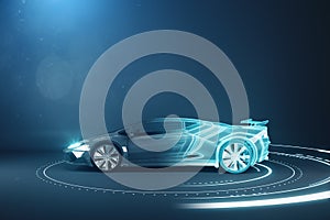 Modern wireframe sports car on background with mock up place on wall. Racing and design concept. 3D Rendering