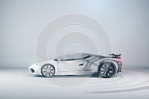 Modern wireframe sports car on white background with mock up place on wall. Racing and design concept.