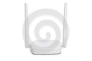 Modern wireless wi-fi router with two antennas isolated on white background