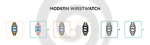 Modern wirstwatch vector icon in 6 different modern styles. Black, two colored modern wirstwatch icons designed in filled, outline