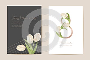 Modern Woman day 8 March holiday card. Spring floral vector illustration. Greeting realistic tulip flowers