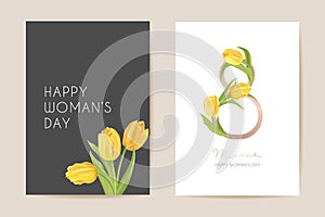 Modern Woman day 8 March holiday card. Spring floral vector illustration. Greeting realistic tulip flowers template