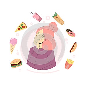 Modern woman dreaming about fast food.