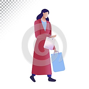 Modern woman flat illustration. The woman carries shopping bags. Vector illustration on a transparent background