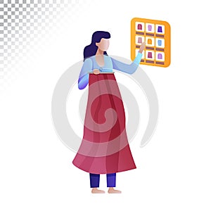 Modern woman flat illustration. The Woman choosing and purchasing clothes online. Vector illustration on a transparent