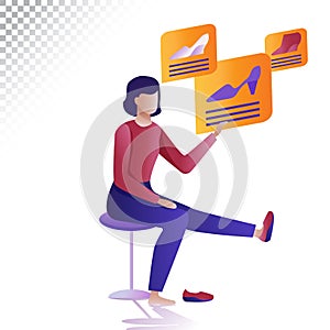 Modern woman flat illustration. The Woman choosing and purchasing online. Vector illustration on a transparent background