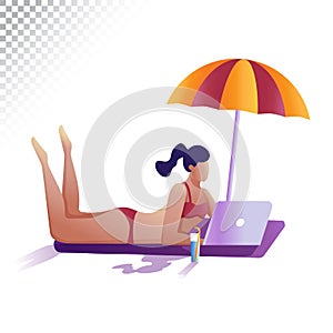 Modern woman flat illustration. Young girl remotely working at a laptop lying on the beach. Vector illustration on a transparent